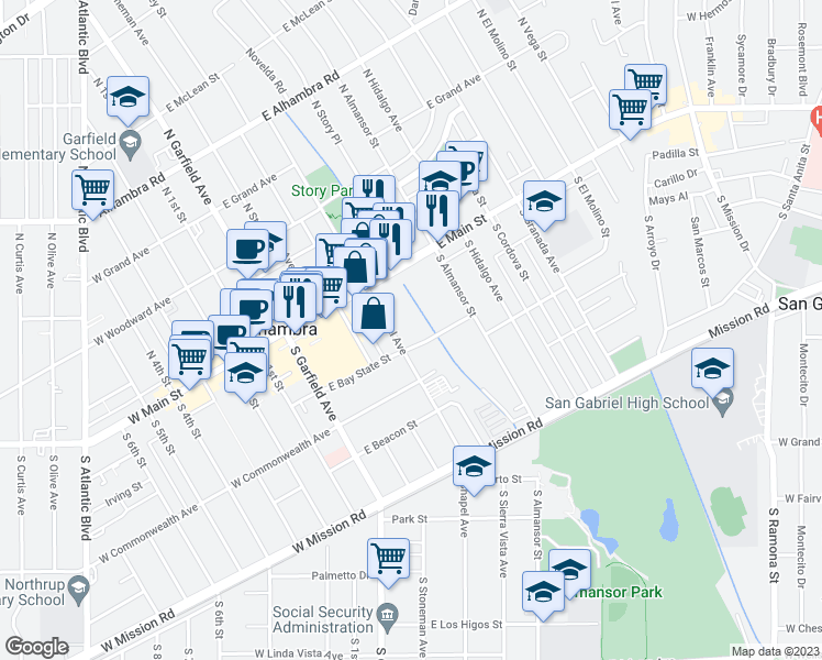 map of restaurants, bars, coffee shops, grocery stores, and more near 116 South Chapel Avenue in Alhambra