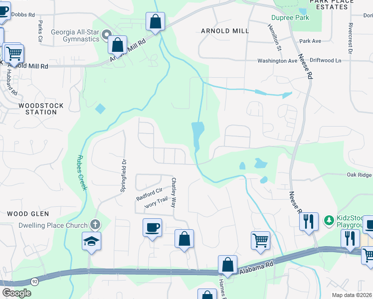 map of restaurants, bars, coffee shops, grocery stores, and more near 508 Rokeby Drive in Woodstock