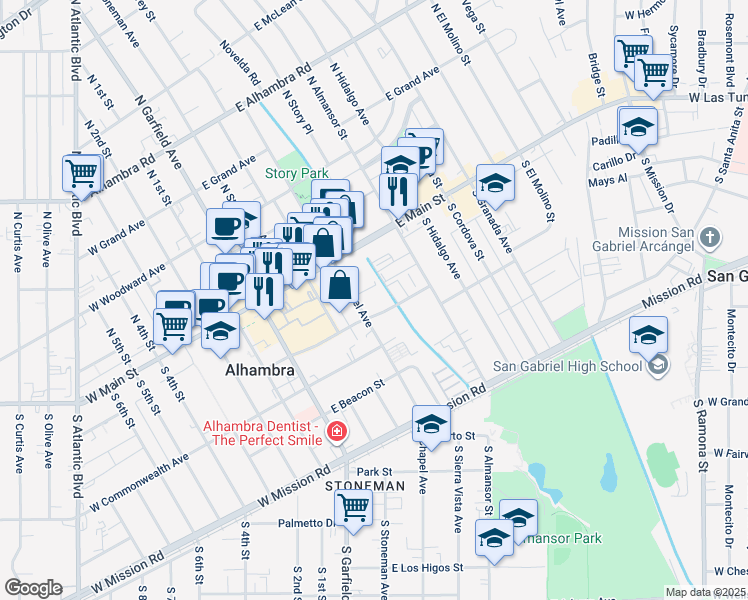 map of restaurants, bars, coffee shops, grocery stores, and more near 116 South Chapel Avenue in Alhambra