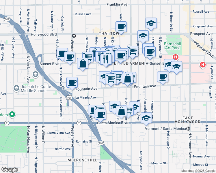 map of restaurants, bars, coffee shops, grocery stores, and more near 5257 Fountain Avenue in Los Angeles