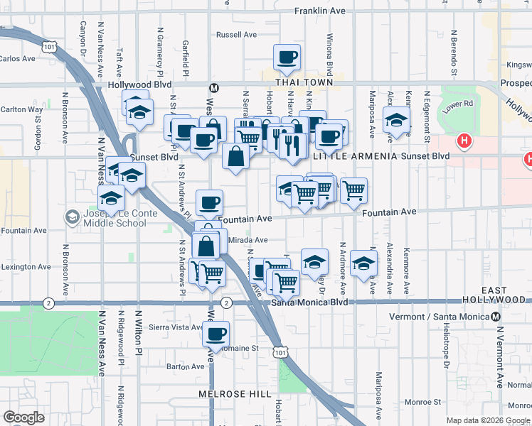 map of restaurants, bars, coffee shops, grocery stores, and more near in Los Angeles
