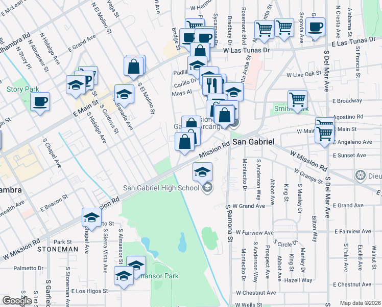 map of restaurants, bars, coffee shops, grocery stores, and more near 826 West Santa Anita Street in San Gabriel