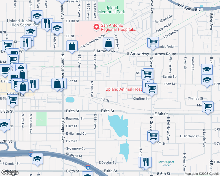 map of restaurants, bars, coffee shops, grocery stores, and more near 168 North 12th Avenue in Upland
