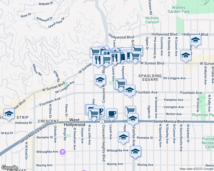 map of restaurants, bars, coffee shops, grocery stores, and more near 1330 North Crescent Heights Boulevard in West Hollywood