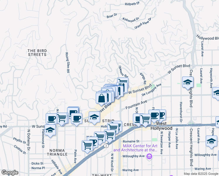 map of restaurants, bars, coffee shops, grocery stores, and more near 1357 Miller Drive in Los Angeles