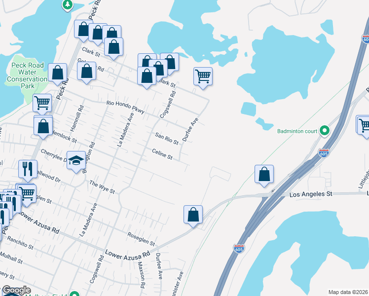 map of restaurants, bars, coffee shops, grocery stores, and more near 5340 Durfee Avenue in El Monte