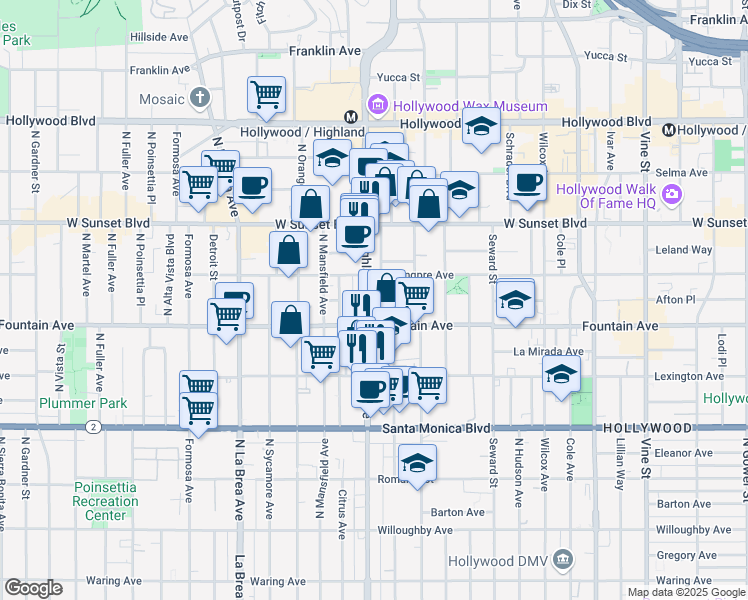 map of restaurants, bars, coffee shops, grocery stores, and more near in Los Angeles