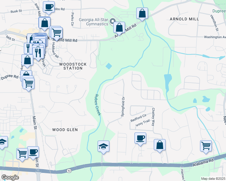 map of restaurants, bars, coffee shops, grocery stores, and more near 608 Caliber Court in Woodstock