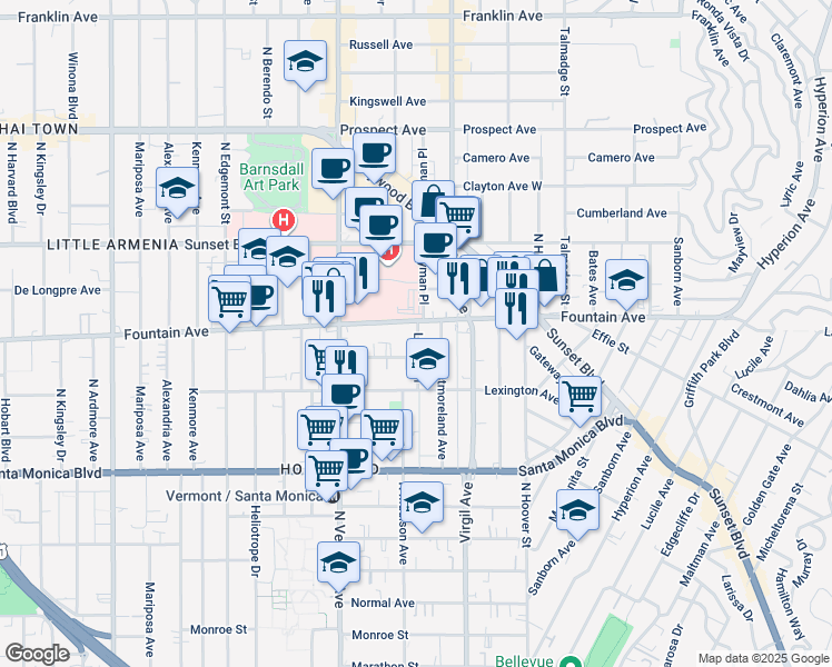 map of restaurants, bars, coffee shops, grocery stores, and more near 1269 Lyman Place in Los Angeles