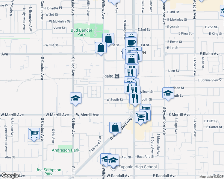map of restaurants, bars, coffee shops, grocery stores, and more near 352 Alice Avenue in Rialto