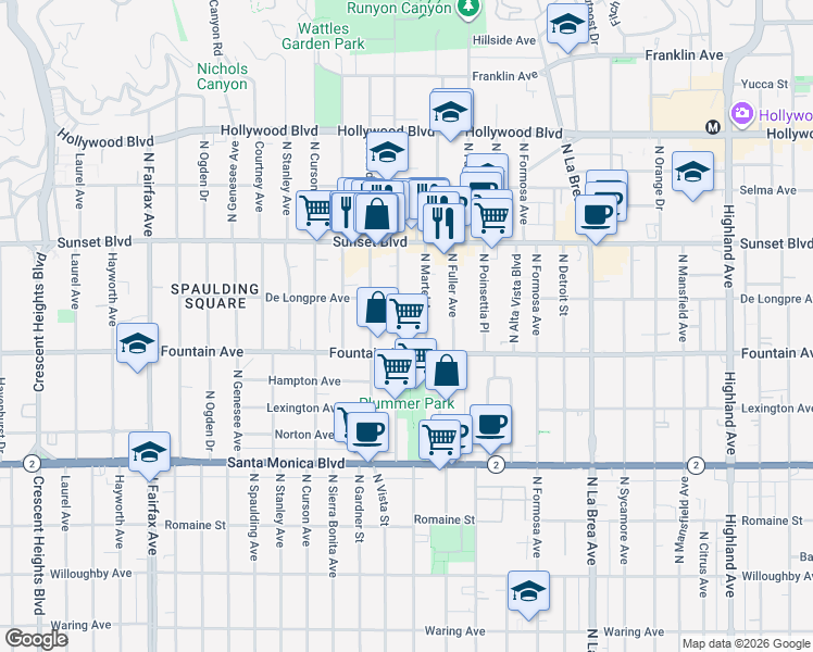 map of restaurants, bars, coffee shops, grocery stores, and more near in West Hollywood
