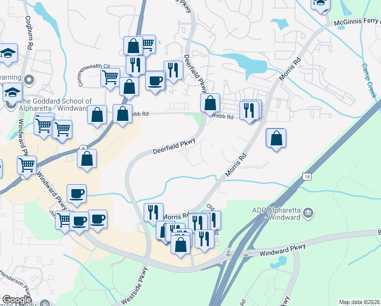 map of restaurants, bars, coffee shops, grocery stores, and more near 3187 Buck Way in Alpharetta