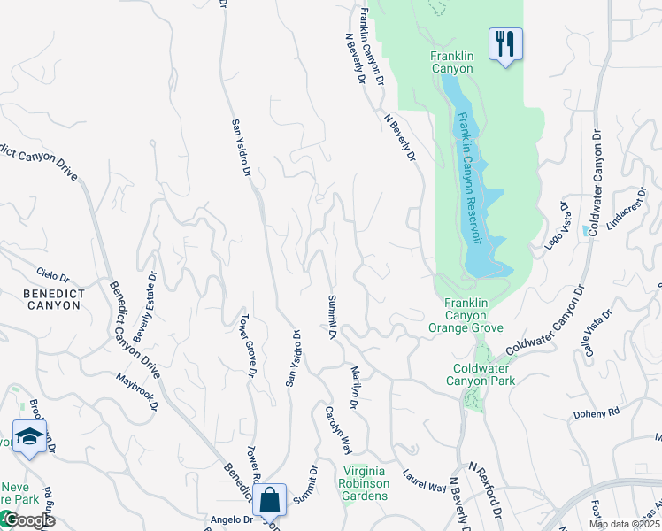 map of restaurants, bars, coffee shops, grocery stores, and more near 1320 Summitridge Drive in Beverly Hills