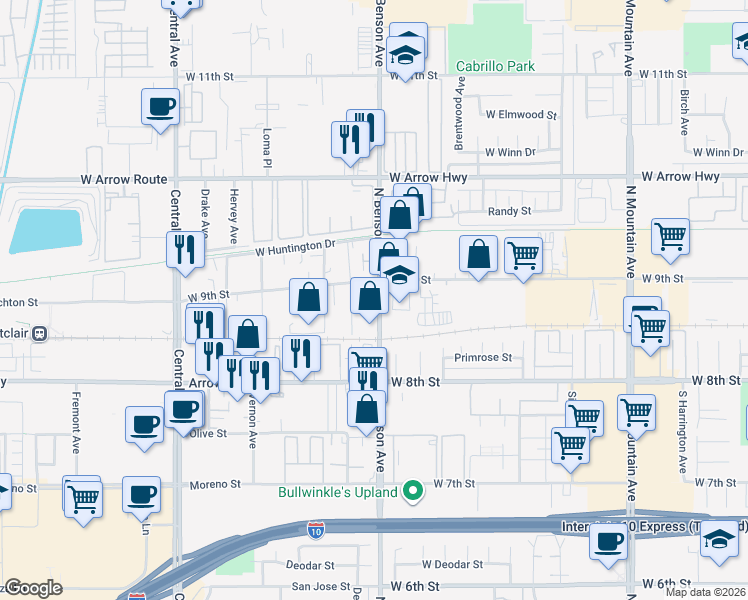 map of restaurants, bars, coffee shops, grocery stores, and more near 155 North Benson Avenue in Upland