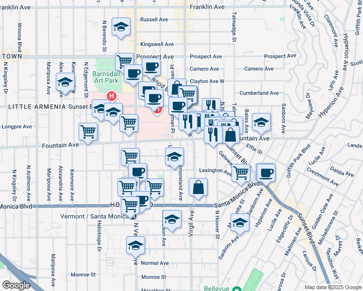 map of restaurants, bars, coffee shops, grocery stores, and more near 1264 North Westmoreland Avenue in Los Angeles