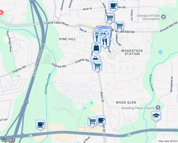 map of restaurants, bars, coffee shops, grocery stores, and more near 110 Barnesdale Terrace in Woodstock