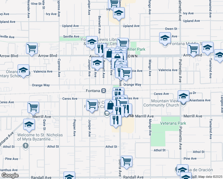 map of restaurants, bars, coffee shops, grocery stores, and more near 8750 Sierra Avenue in Fontana