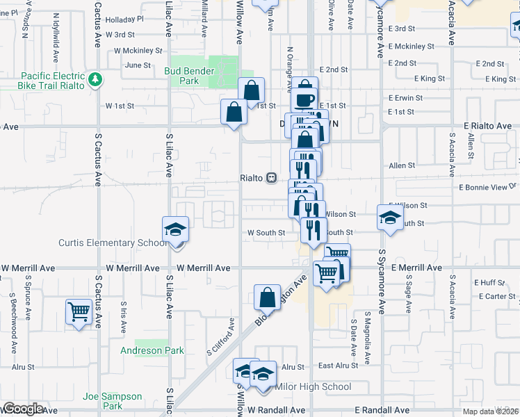 map of restaurants, bars, coffee shops, grocery stores, and more near 250 West Wilson Street in Rialto