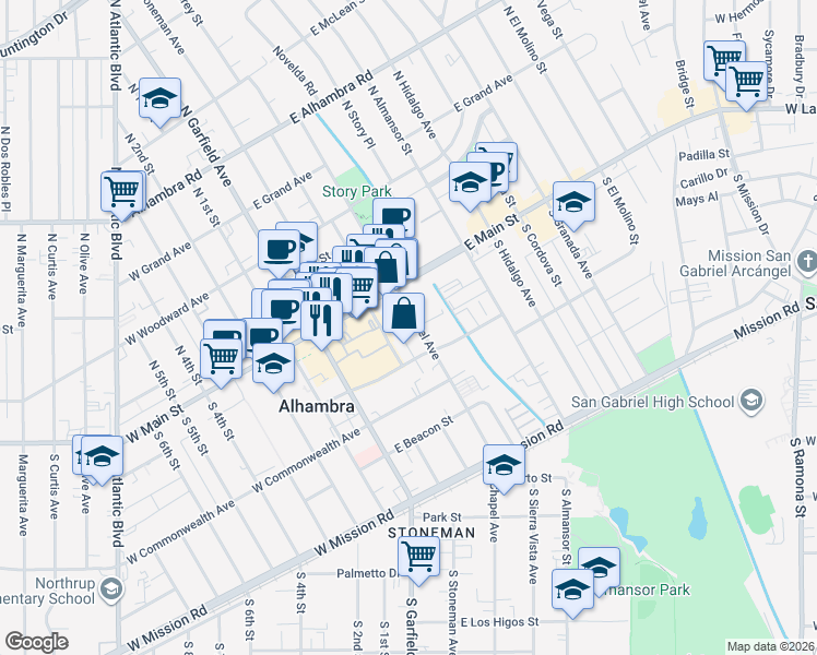map of restaurants, bars, coffee shops, grocery stores, and more near 111 South Chapel Avenue in Alhambra