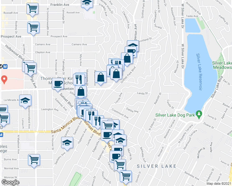 map of restaurants, bars, coffee shops, grocery stores, and more near 1766 Griffith Park Boulevard in Los Angeles