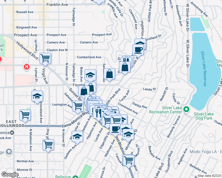 map of restaurants, bars, coffee shops, grocery stores, and more near 1241 Hyperion Avenue in Los Angeles