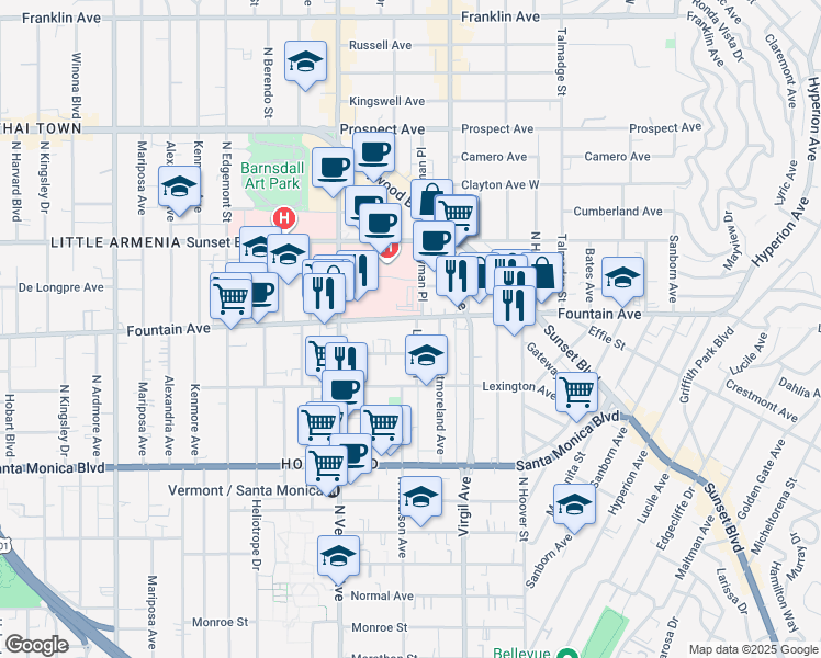 map of restaurants, bars, coffee shops, grocery stores, and more near 1266 Lyman Place in Los Angeles