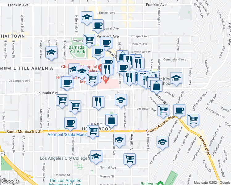 map of restaurants, bars, coffee shops, grocery stores, and more near 1266 Lyman Place in Los Angeles