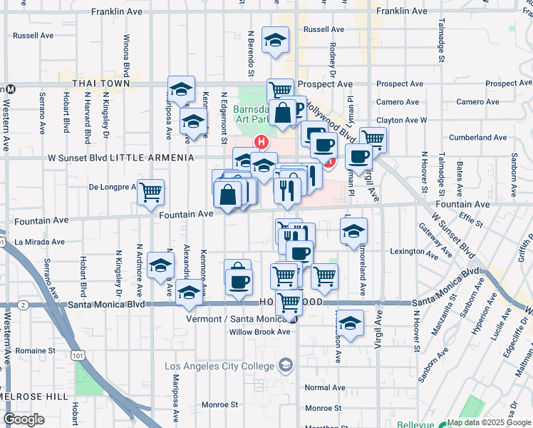 map of restaurants, bars, coffee shops, grocery stores, and more near 1250 North New Hampshire Avenue in Los Angeles