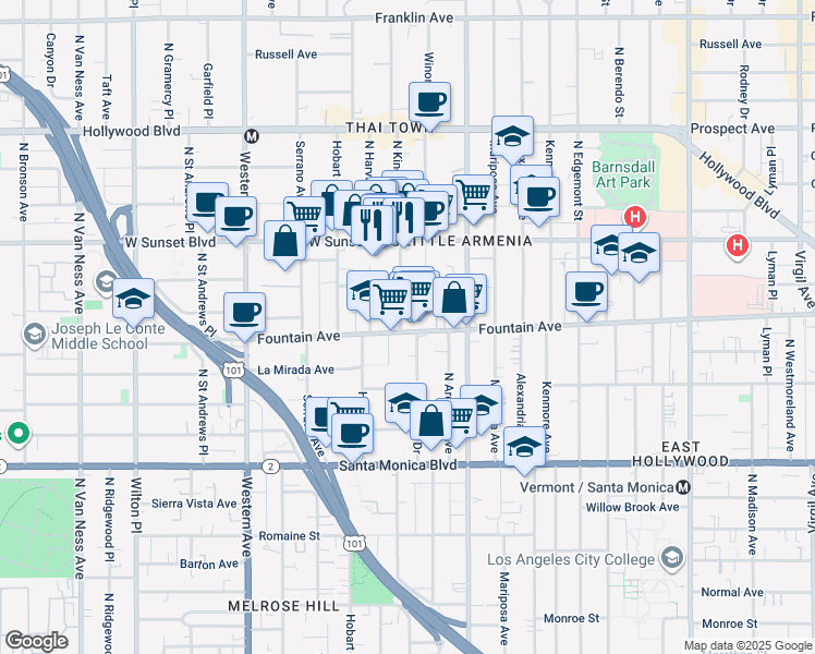 map of restaurants, bars, coffee shops, grocery stores, and more near 5230 North Harvard Boulevard in Los Angeles
