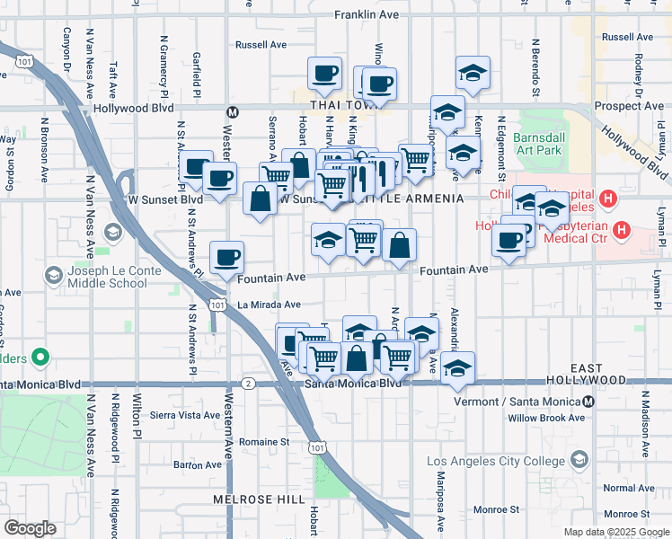 map of restaurants, bars, coffee shops, grocery stores, and more near 5230 North Harvard Boulevard in Los Angeles