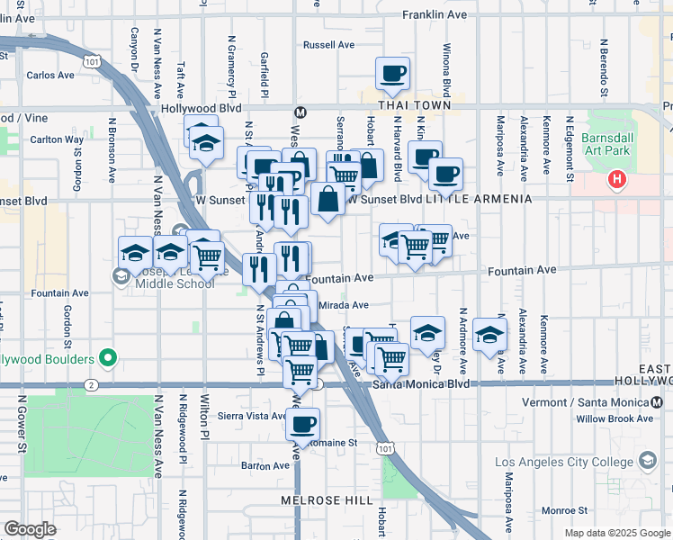map of restaurants, bars, coffee shops, grocery stores, and more near 5432 1/2 Fountain Avenue in Los Angeles