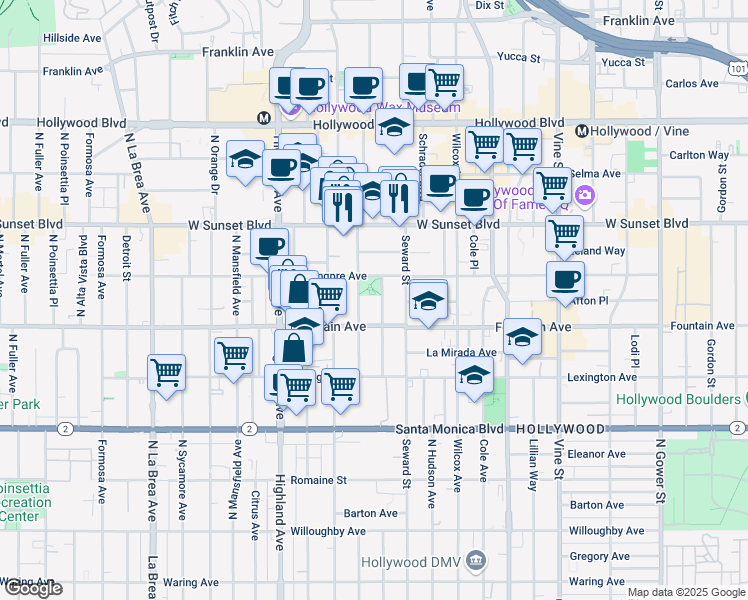 map of restaurants, bars, coffee shops, grocery stores, and more near 1320 North Cherokee Avenue in Los Angeles
