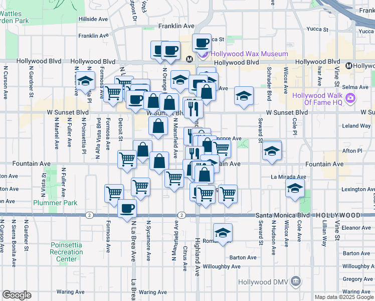 map of restaurants, bars, coffee shops, grocery stores, and more near 1322 North Citrus Avenue in Los Angeles