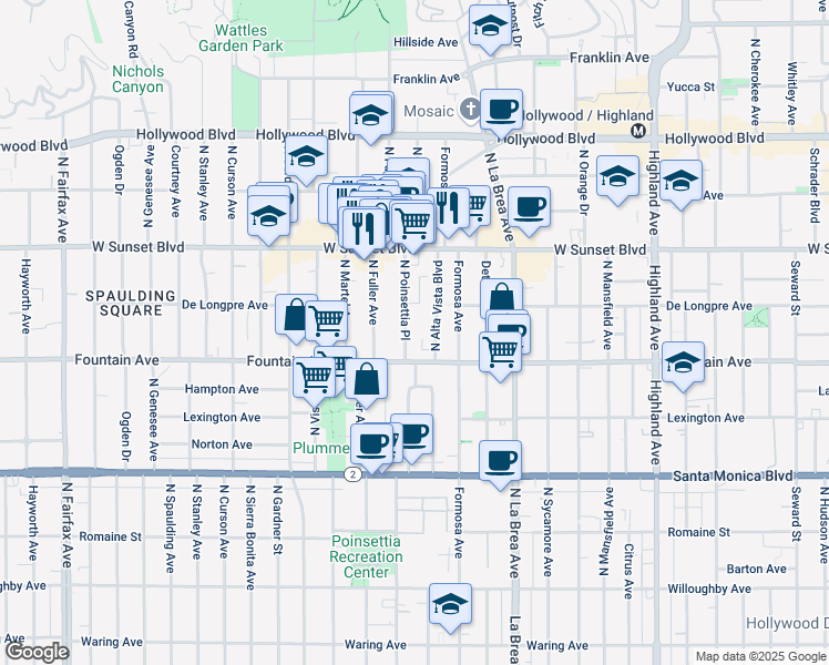 map of restaurants, bars, coffee shops, grocery stores, and more near 1321 North Poinsettia Place in Los Angeles
