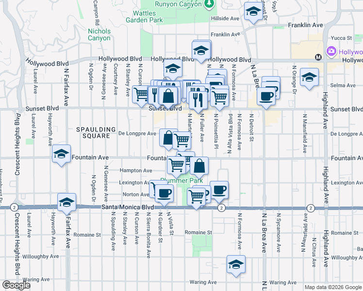 map of restaurants, bars, coffee shops, grocery stores, and more near in West Hollywood