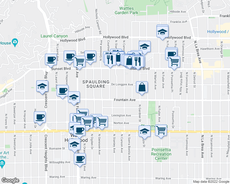 map of restaurants, bars, coffee shops, grocery stores, and more near 1317 North Stanley Avenue in Los Angeles