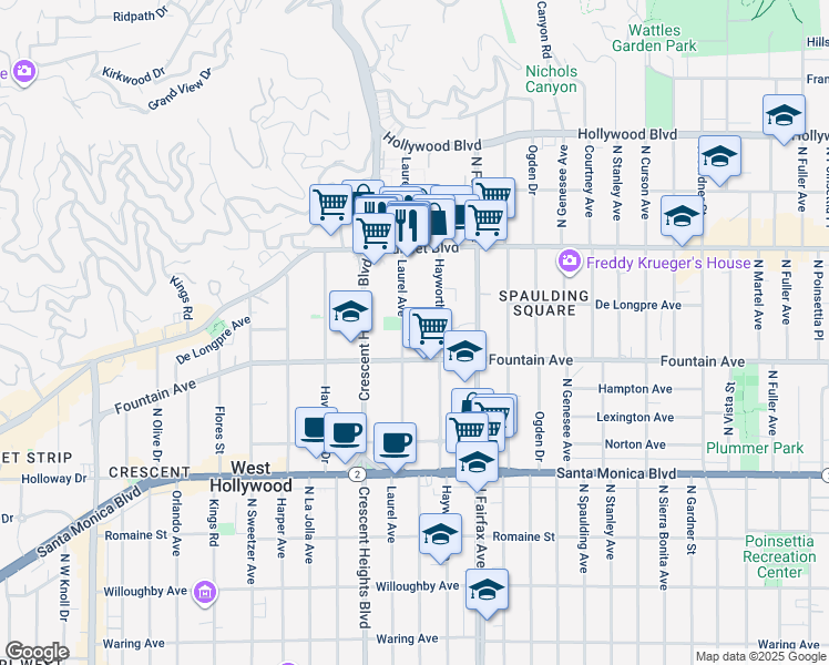 map of restaurants, bars, coffee shops, grocery stores, and more near 1331 North Hayworth Avenue in West Hollywood