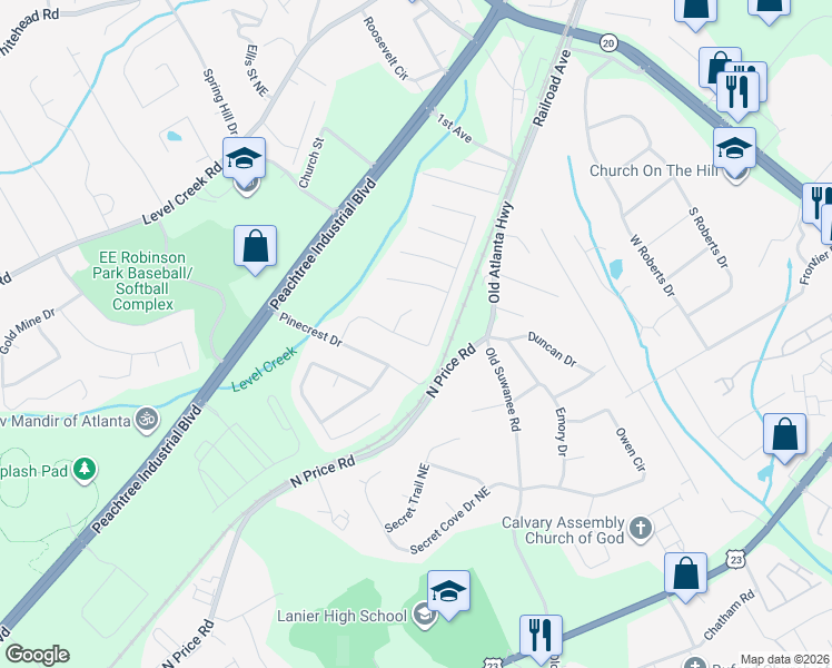 map of restaurants, bars, coffee shops, grocery stores, and more near 1098 Pine Acre Drive Northeast in Sugar Hill