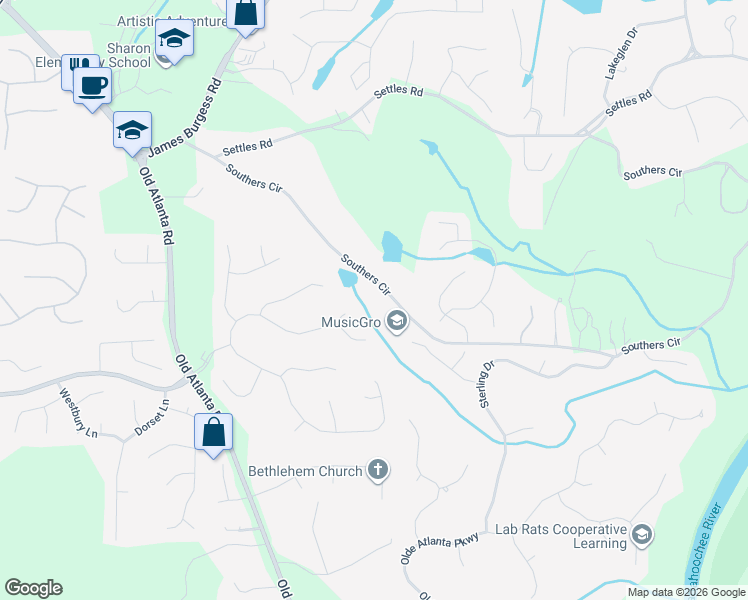 map of restaurants, bars, coffee shops, grocery stores, and more near 2080 Southers Circle in Suwanee