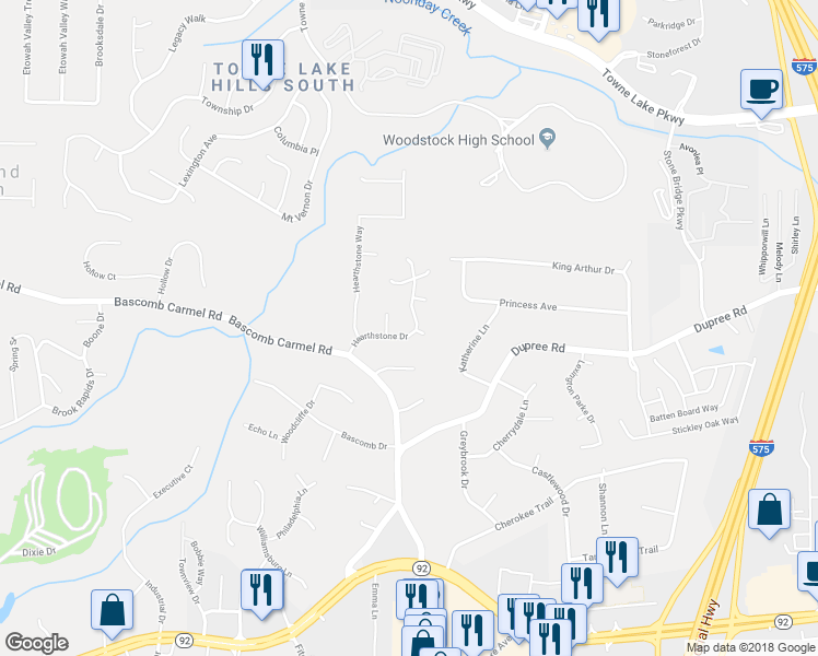 map of restaurants, bars, coffee shops, grocery stores, and more near 111 Hearthstone Drive in Woodstock