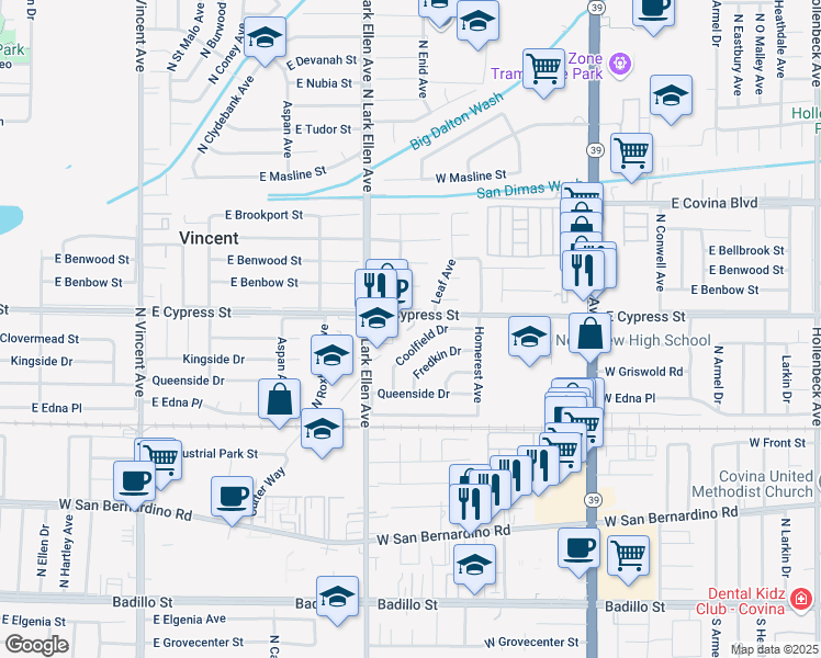 map of restaurants, bars, coffee shops, grocery stores, and more near 17076 East Cypress Street in Covina