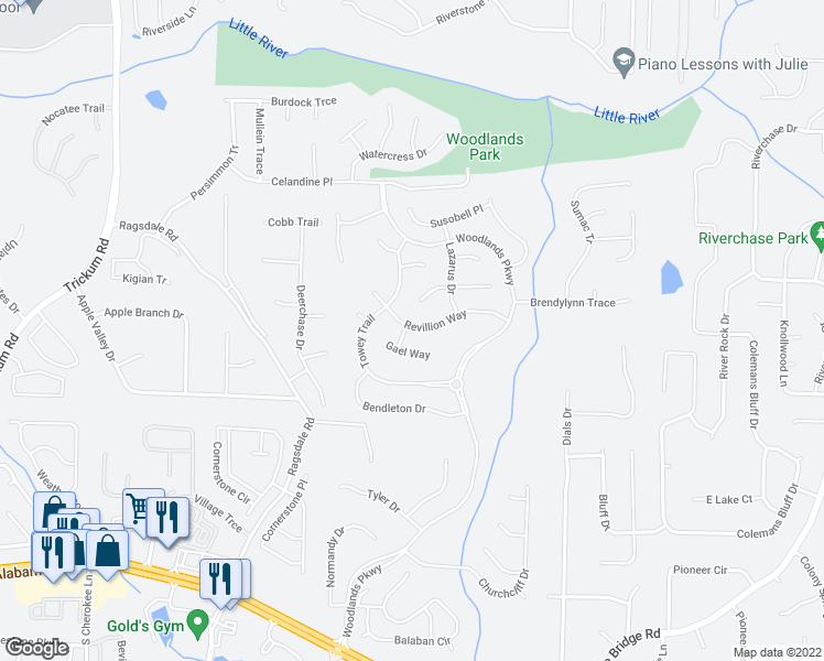 map of restaurants, bars, coffee shops, grocery stores, and more near 301 Annazanes Place in Woodstock