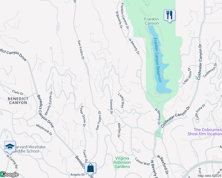 map of restaurants, bars, coffee shops, grocery stores, and more near 1320 Summitridge Drive in Beverly Hills