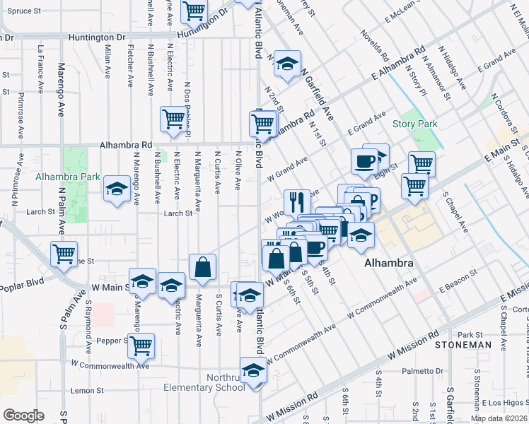 map of restaurants, bars, coffee shops, grocery stores, and more near 322 North Atlantic Boulevard in Alhambra