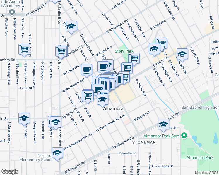 map of restaurants, bars, coffee shops, grocery stores, and more near 11 West Main Street in Alhambra