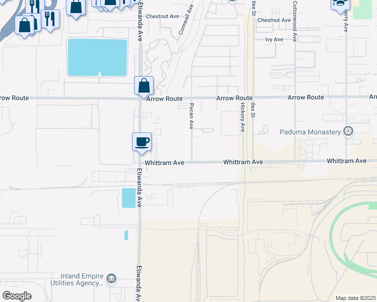 map of restaurants, bars, coffee shops, grocery stores, and more near 8706 Pecan Avenue in Rancho Cucamonga