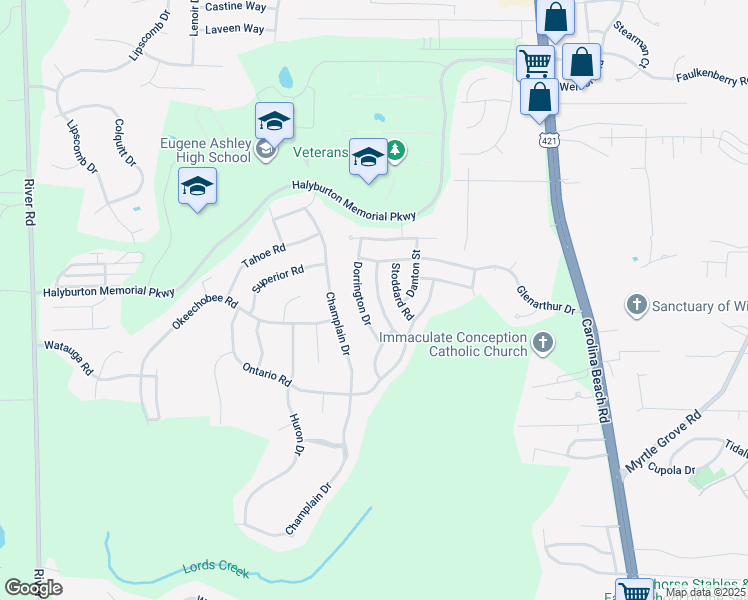 map of restaurants, bars, coffee shops, grocery stores, and more near 6612 Wedderburn Drive in Wilmington
