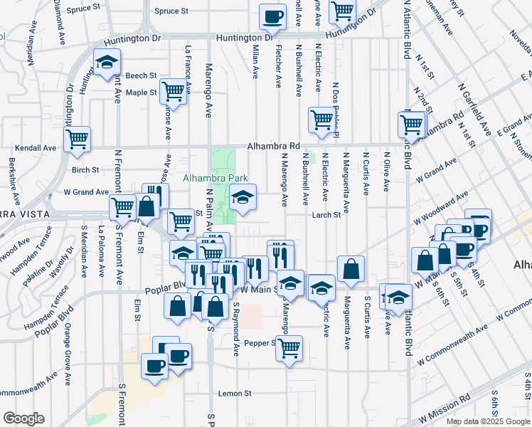 map of restaurants, bars, coffee shops, grocery stores, and more near 301 North Marengo Avenue in Alhambra