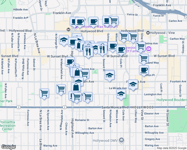 map of restaurants, bars, coffee shops, grocery stores, and more near 1330 North Cherokee Avenue in Los Angeles