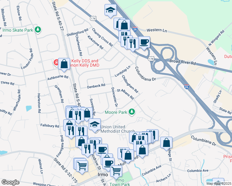 map of restaurants, bars, coffee shops, grocery stores, and more near 300 Doncaster Drive in Irmo
